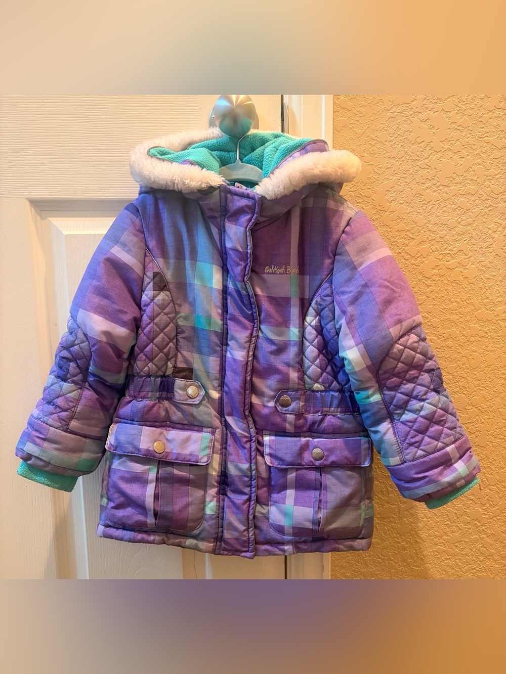 OshKosh B'gosh Purple Plaid Puffer Coat with Faux Fur Trim